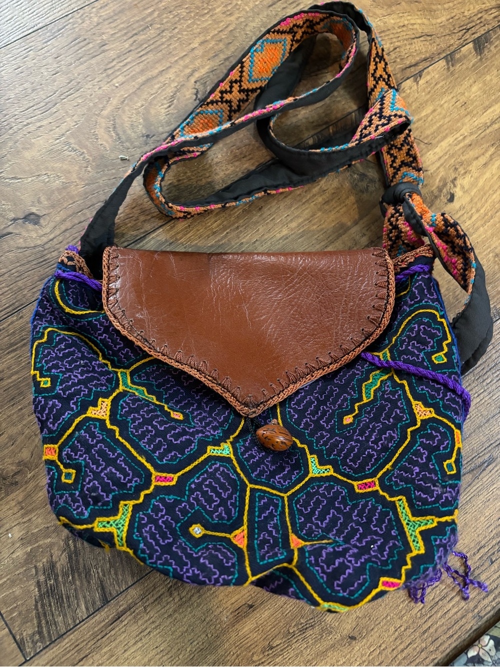 Ayahuasca shipibo Handmade Patterned Crossbody Bag with Brown Leather Flap